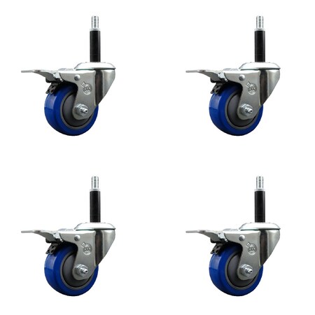Service Caster 3'' SS Blue Poly Swivel 3/4'' Expanding Stem Caster Set Total Lock Brake, 4PK SCC-SSEXTTL20S314-PPUB-BLUE-34-4